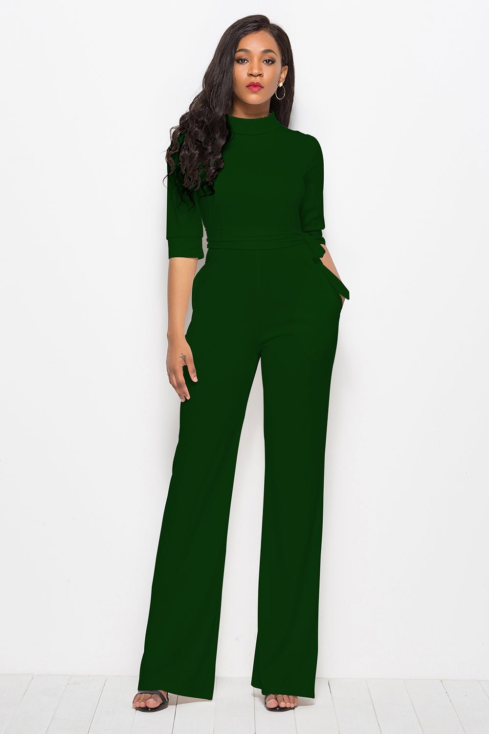 Mock Neck Tie - Waist Half Sleeve Jumpsuit - ViarousViarousViarous