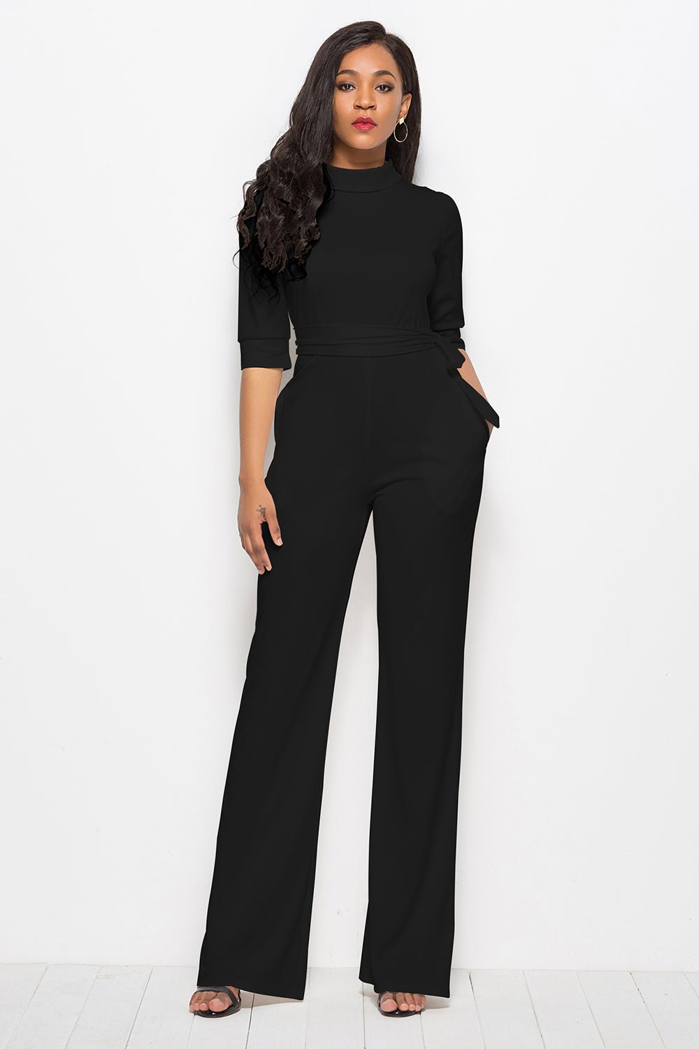Mock Neck Tie - Waist Half Sleeve Jumpsuit - ViarousViarousViarous
