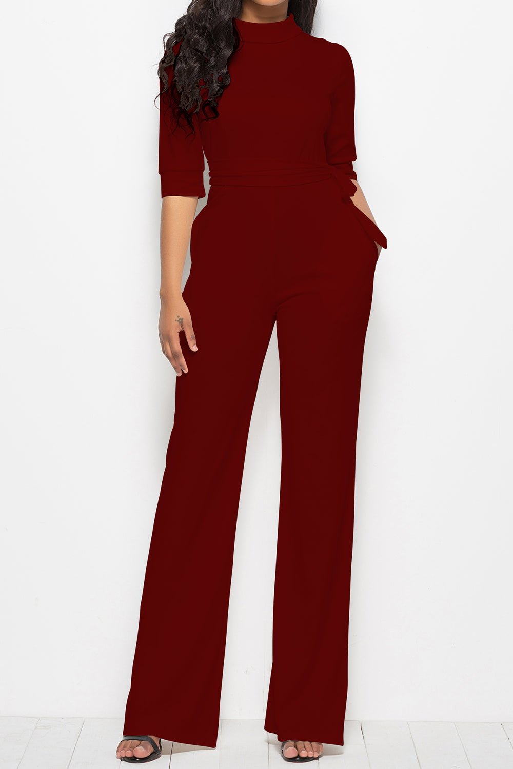 Mock Neck Tie - Waist Half Sleeve Jumpsuit - ViarousViarousViarous