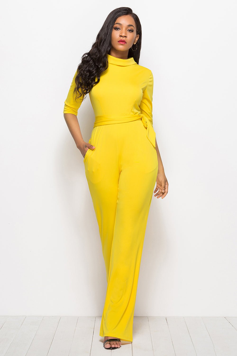 Mock Neck Tie - Waist Half Sleeve Jumpsuit - ViarousViarousViarous
