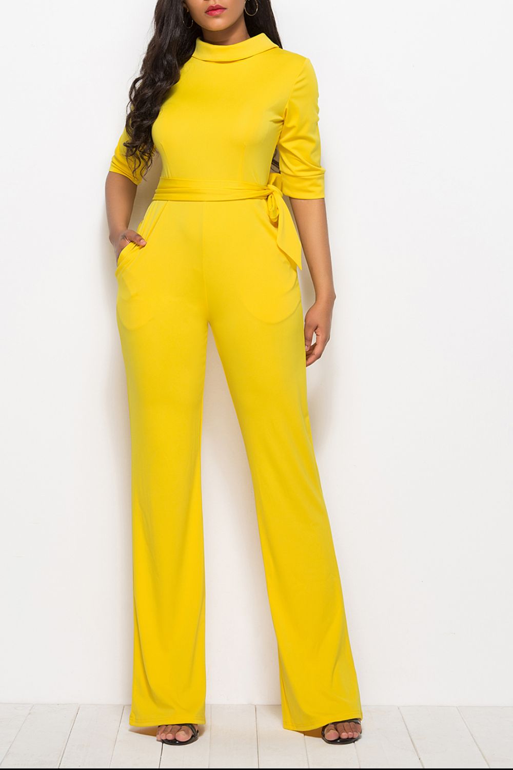 Mock Neck Tie - Waist Half Sleeve Jumpsuit - ViarousViarousViarous