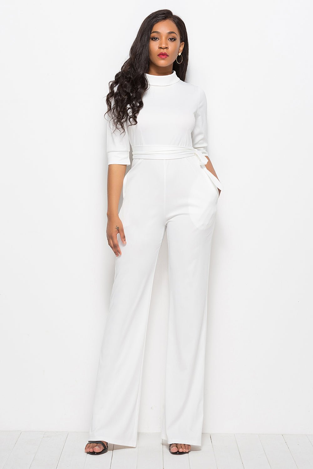 Mock Neck Tie - Waist Half Sleeve Jumpsuit - ViarousViarousViarous