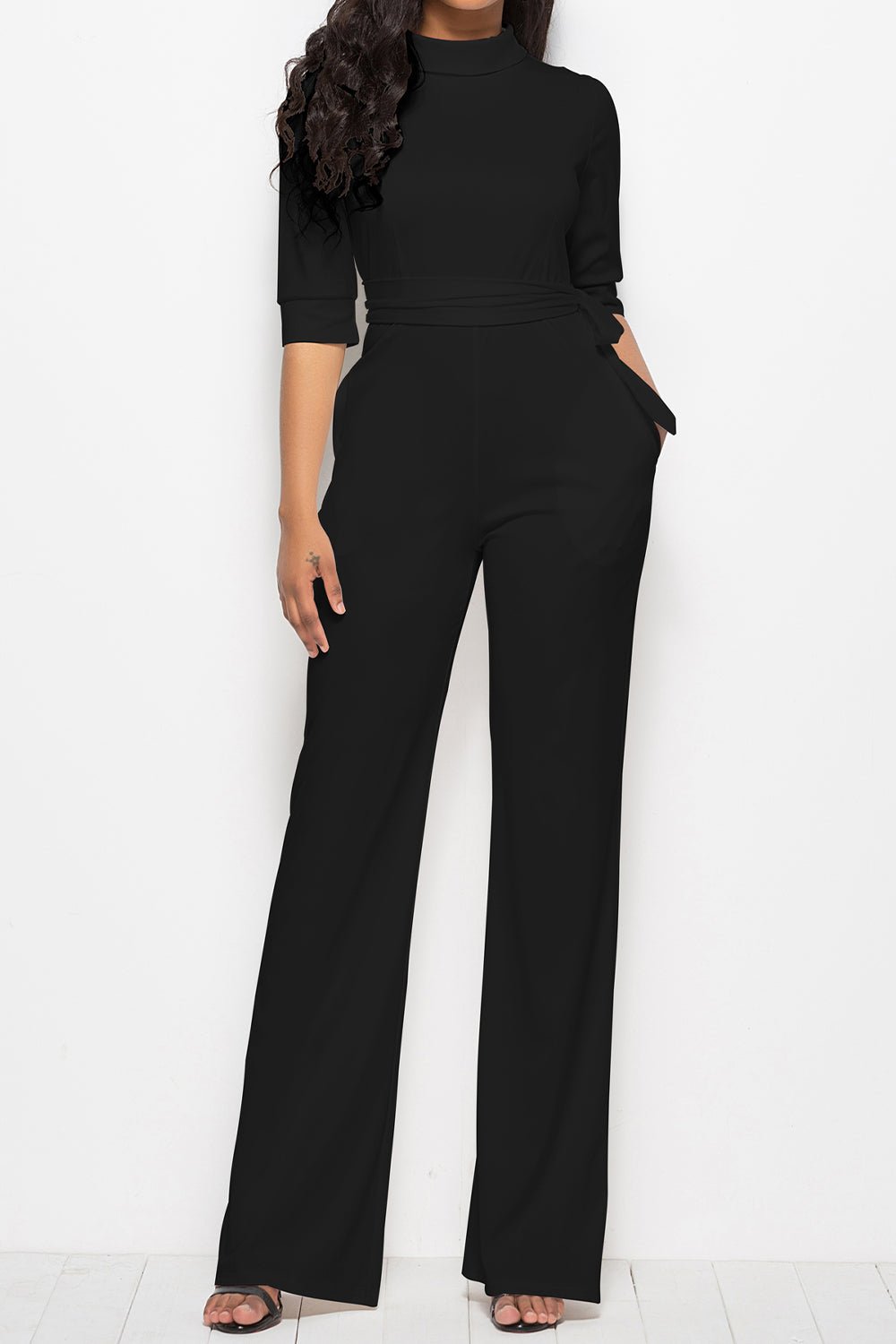 Mock Neck Tie - Waist Half Sleeve Jumpsuit - ViarousViarousViarous