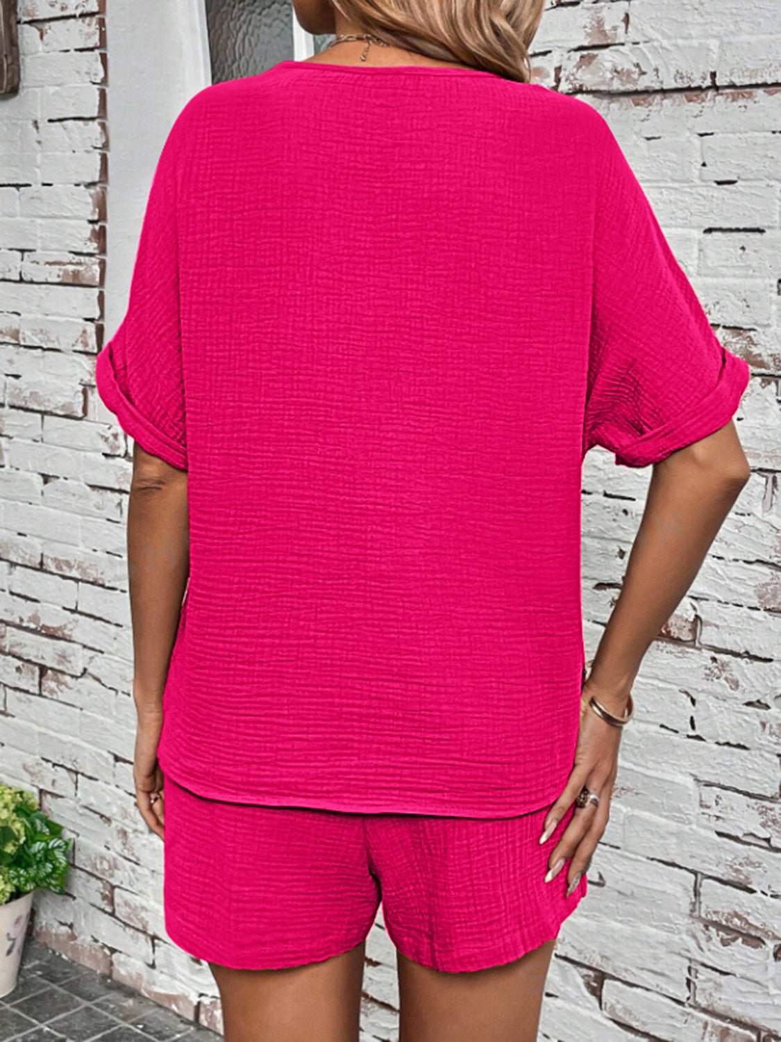 Notched Half Sleeve Top and Shorts Set - ViarousViarousViarous