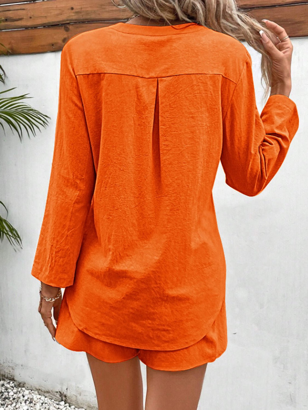 Notched Long Sleeve Top and Shorts Set - ViarousViarousViarous