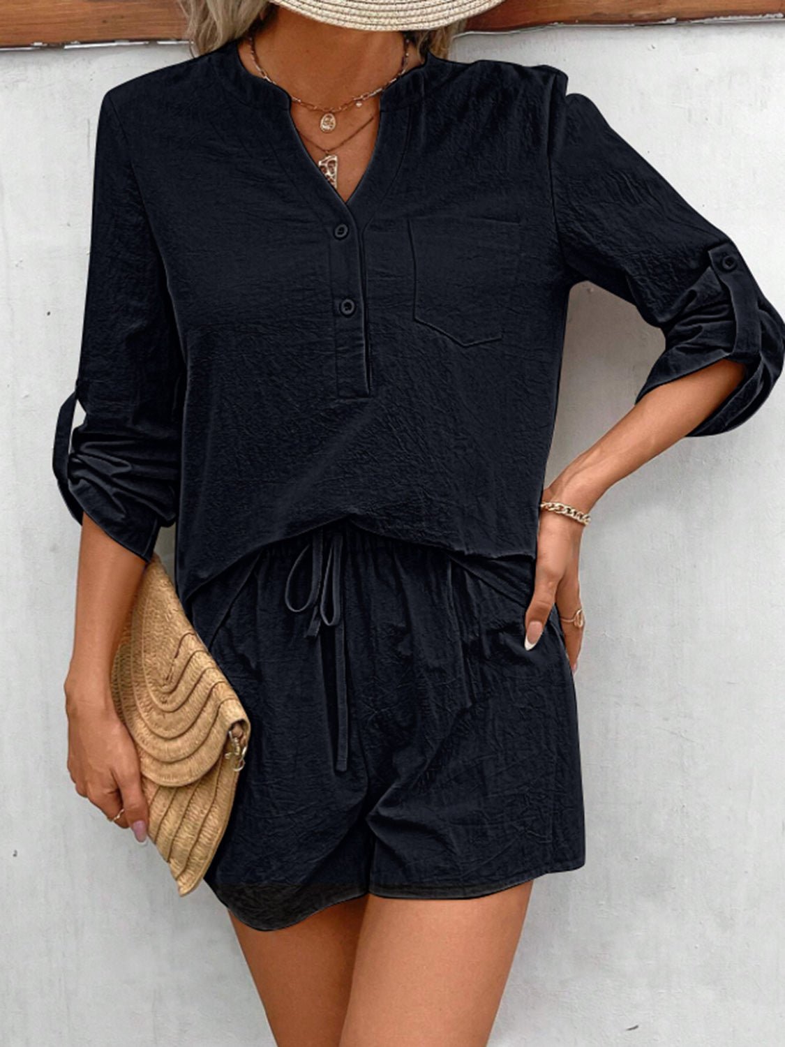 Notched Long Sleeve Top and Shorts Set - ViarousViarousViarous