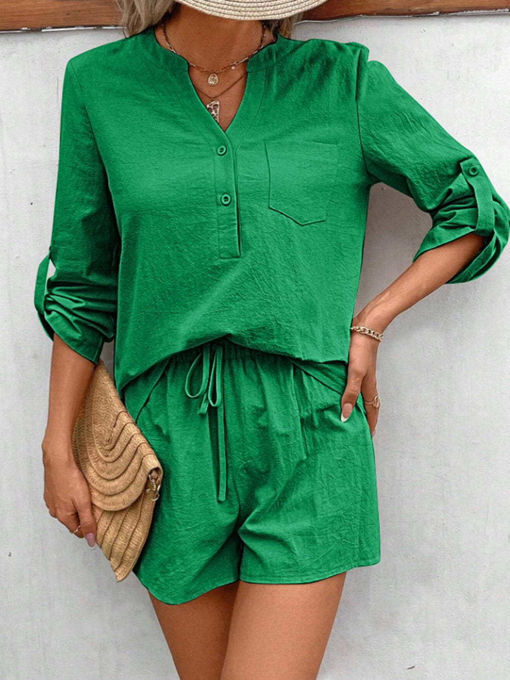 Notched Long Sleeve Top and Shorts Set - ViarousViarousViarous