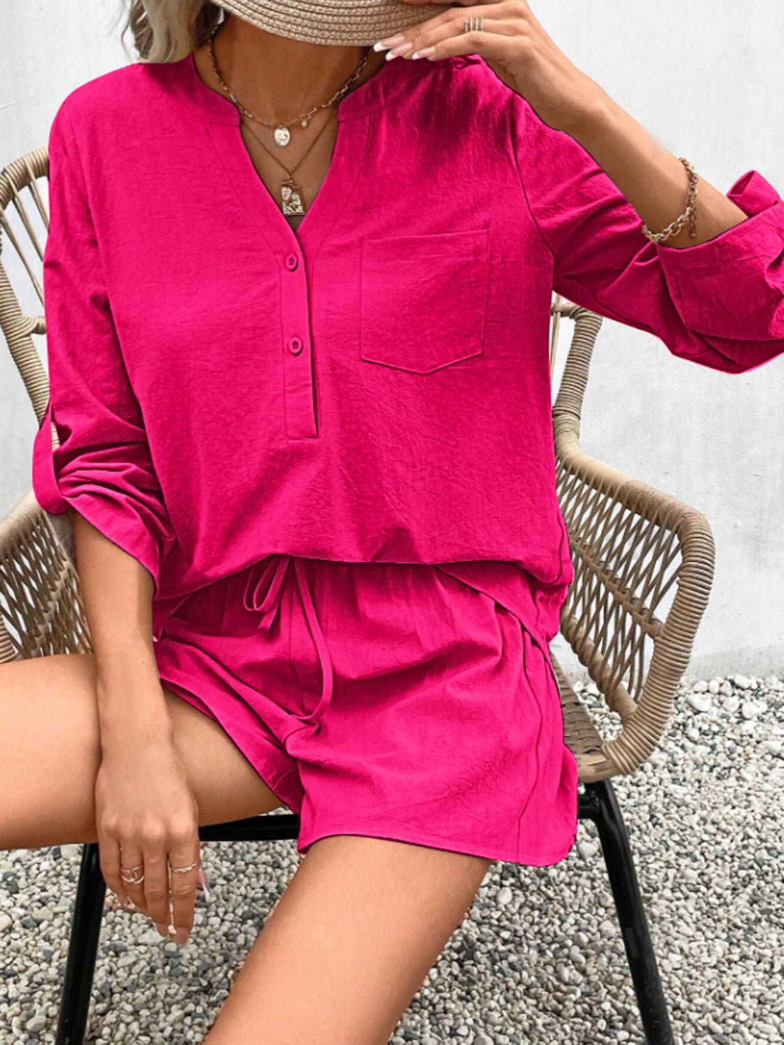 Notched Long Sleeve Top and Shorts Set - ViarousViarousViarous