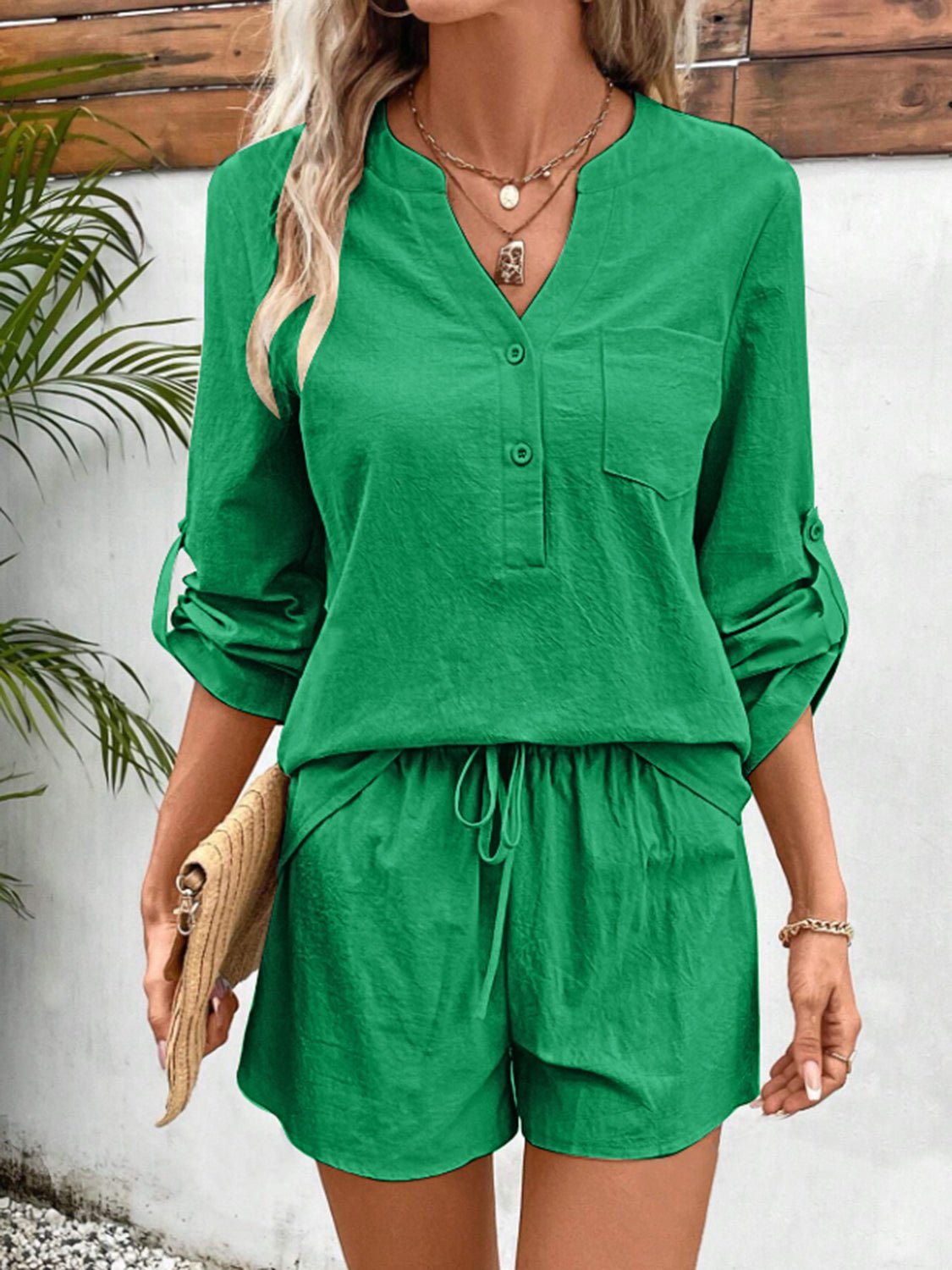 Notched Long Sleeve Top and Shorts Set - ViarousViarousViarous