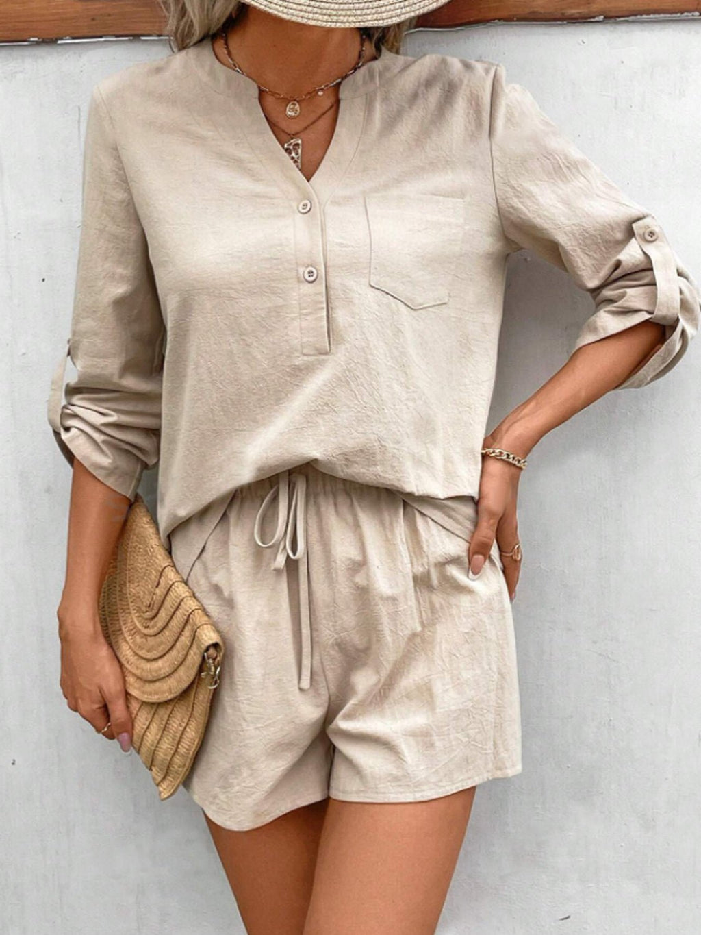 Notched Long Sleeve Top and Shorts Set - ViarousViarousViarous