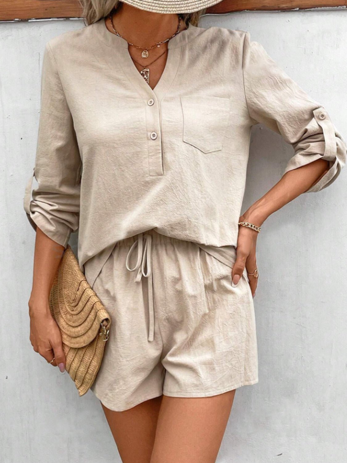 Notched Long Sleeve Top and Shorts Set - ViarousViarousViarous