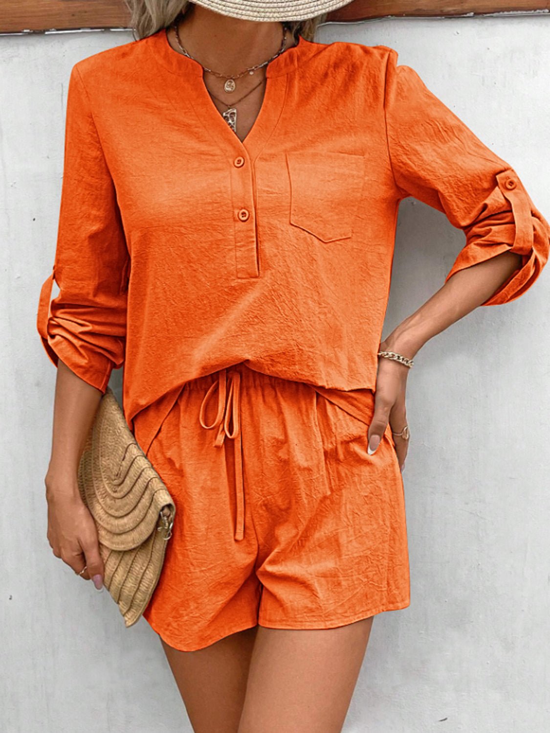 Notched Long Sleeve Top and Shorts Set - ViarousViarousViarous