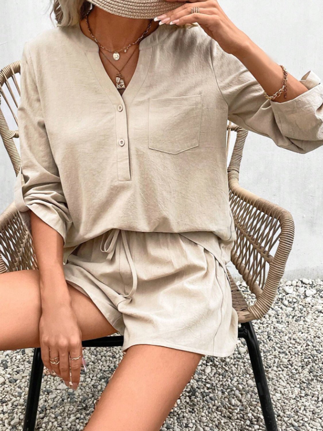 Notched Long Sleeve Top and Shorts Set - ViarousViarousViarous
