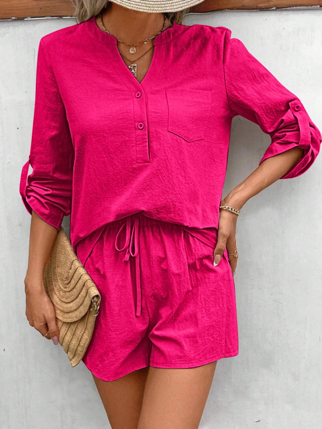 Notched Long Sleeve Top and Shorts Set - ViarousViarousViarous