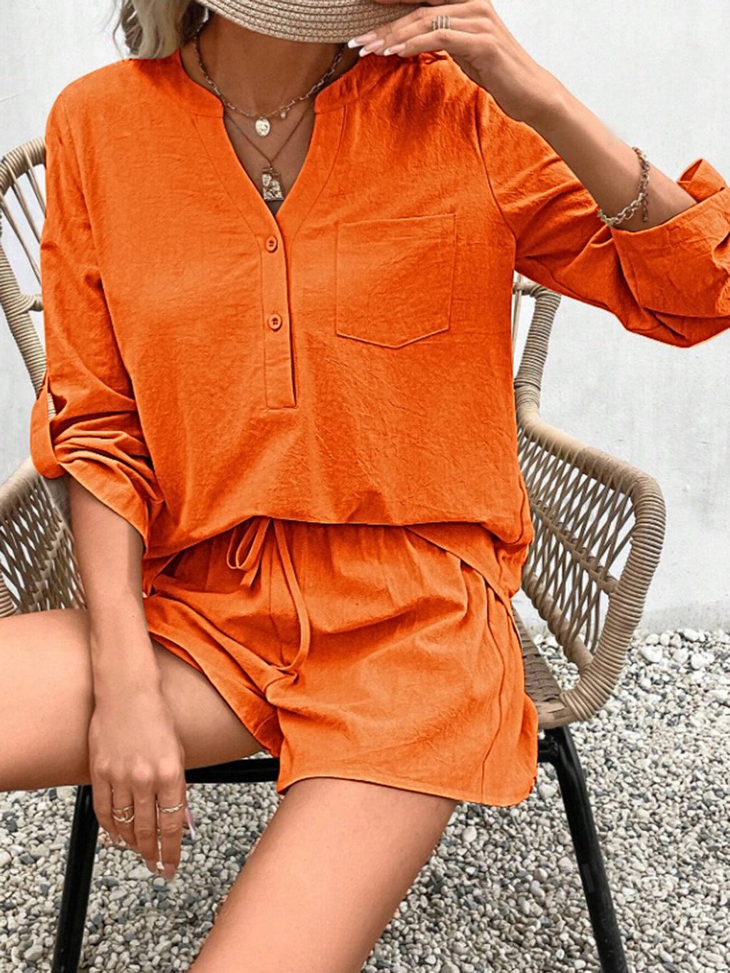 Notched Long Sleeve Top and Shorts Set - ViarousViarousViarous