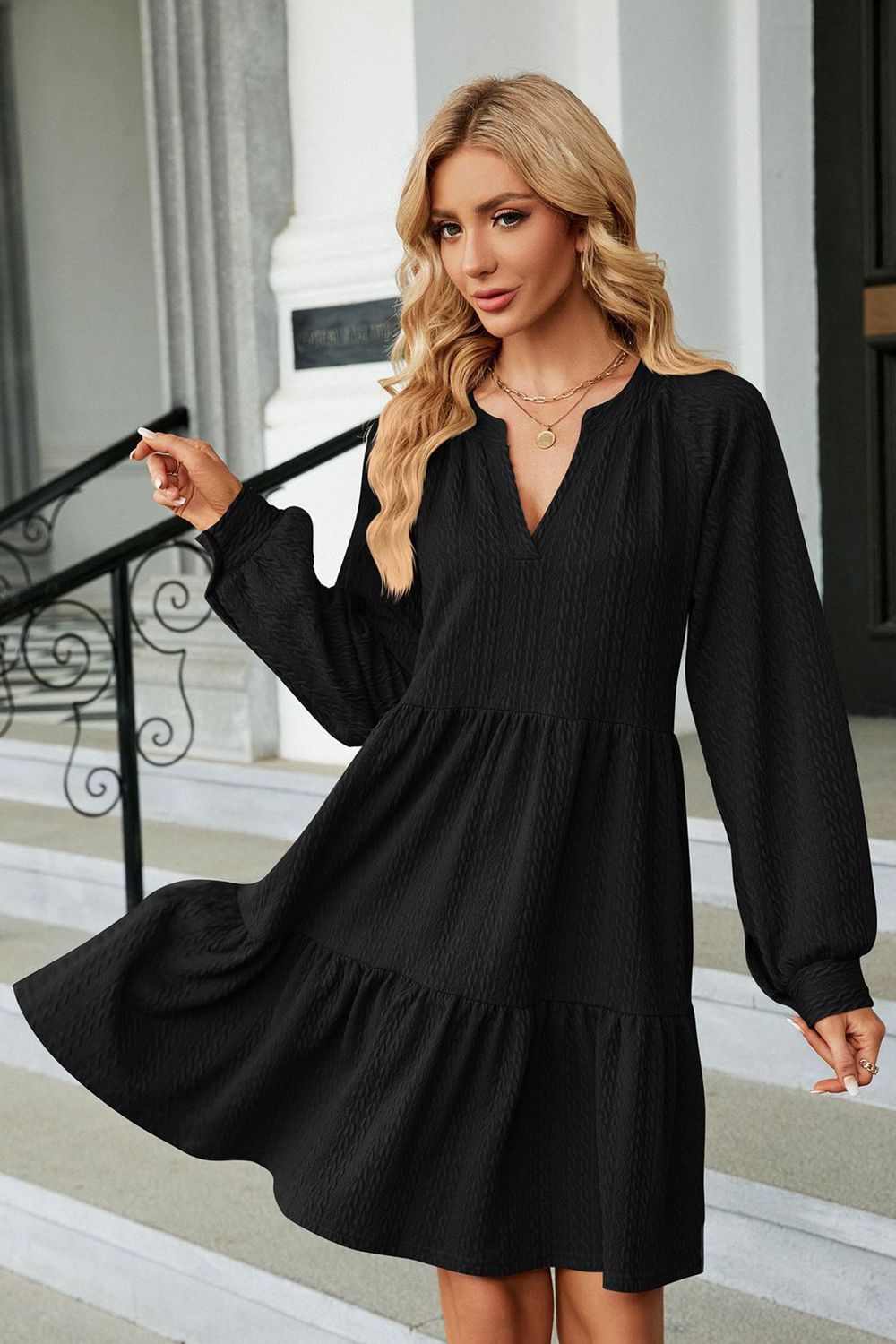 Notched Neck Long Sleeve Mini Dress - ViarousViarousViarous