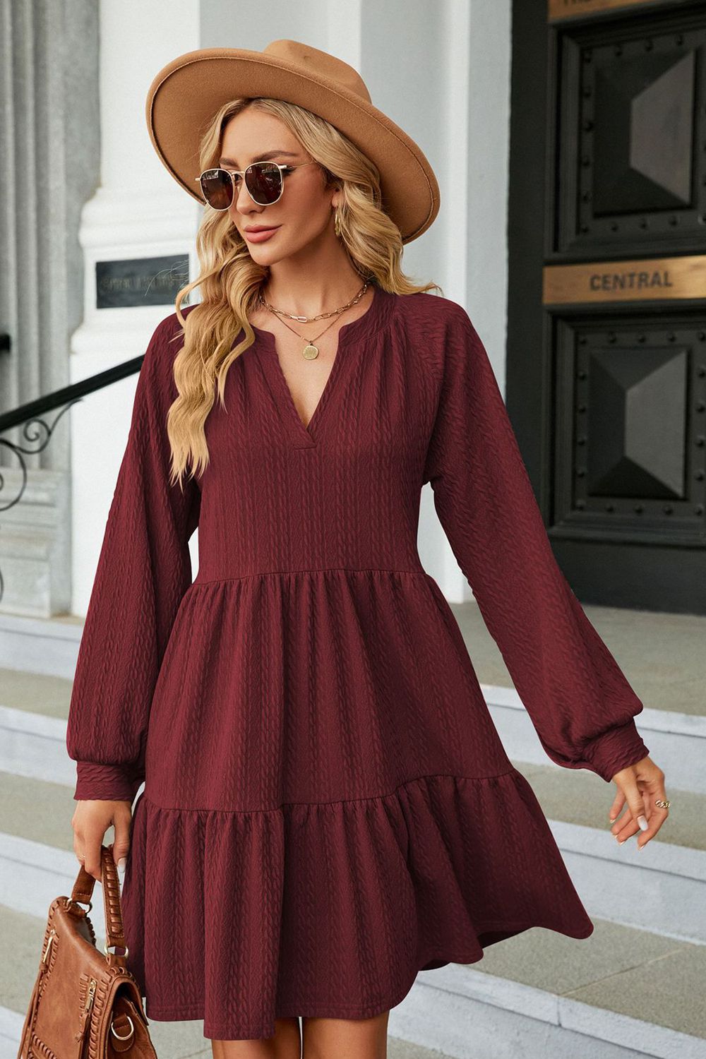 Notched Neck Long Sleeve Mini Dress - ViarousViarousViarous