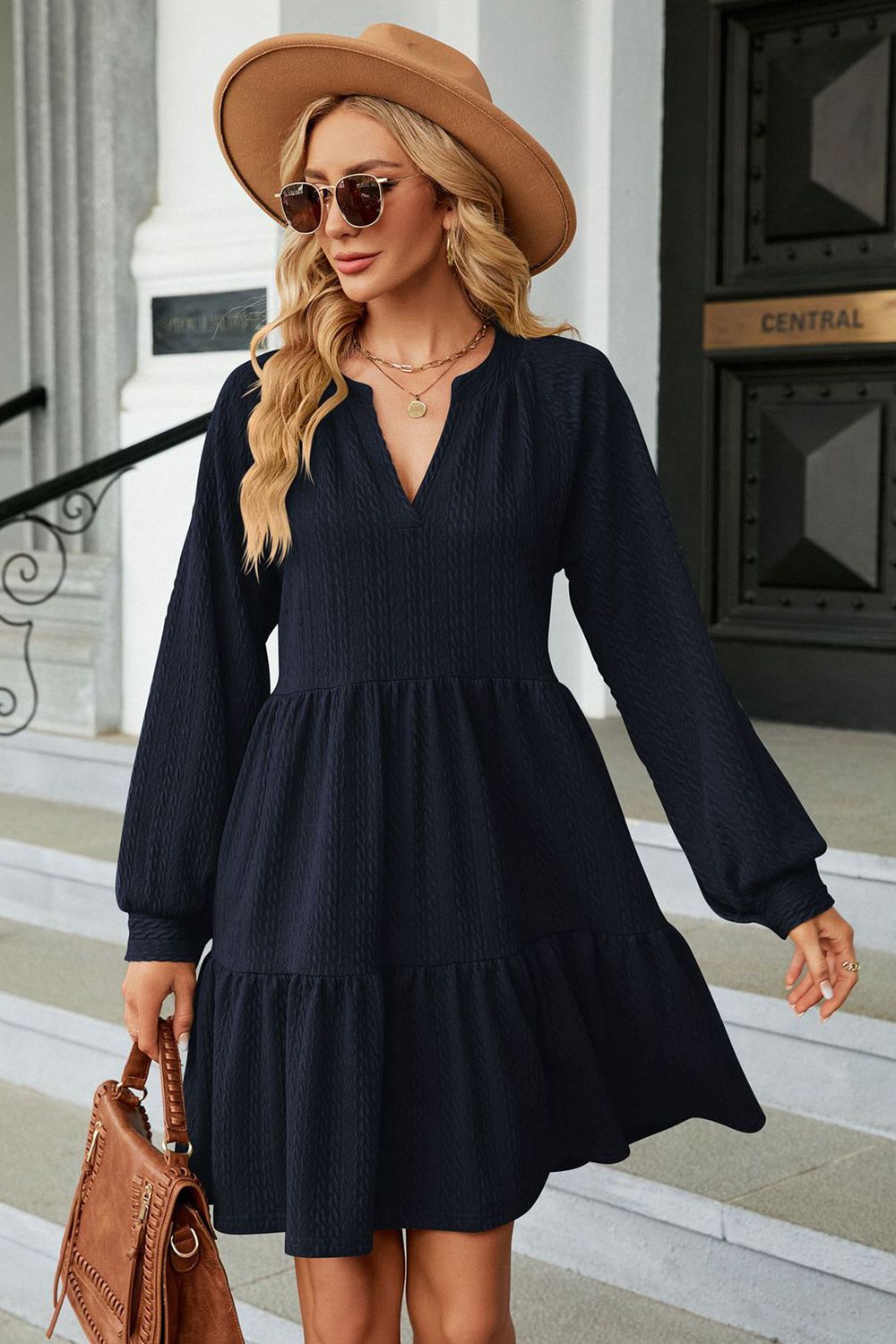 Notched Neck Long Sleeve Mini Dress - ViarousViarousViarous
