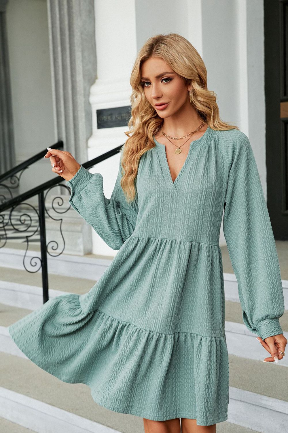 Notched Neck Long Sleeve Mini Dress - ViarousViarousViarous
