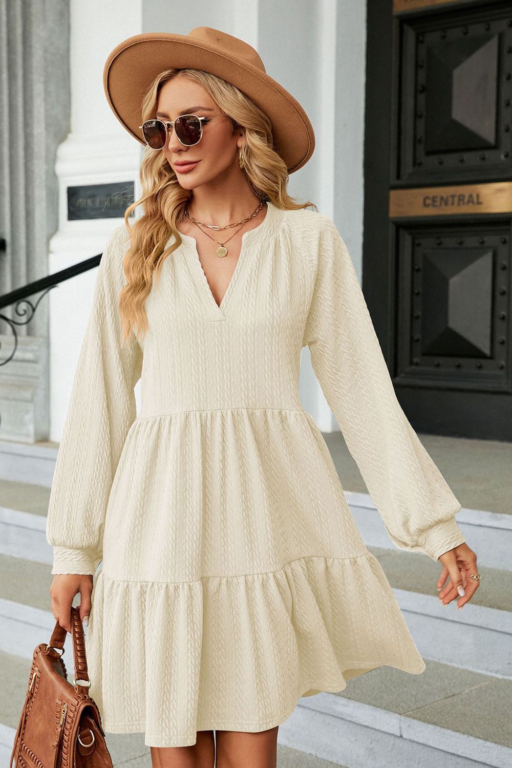 Notched Neck Long Sleeve Mini Dress - ViarousViarousViarous