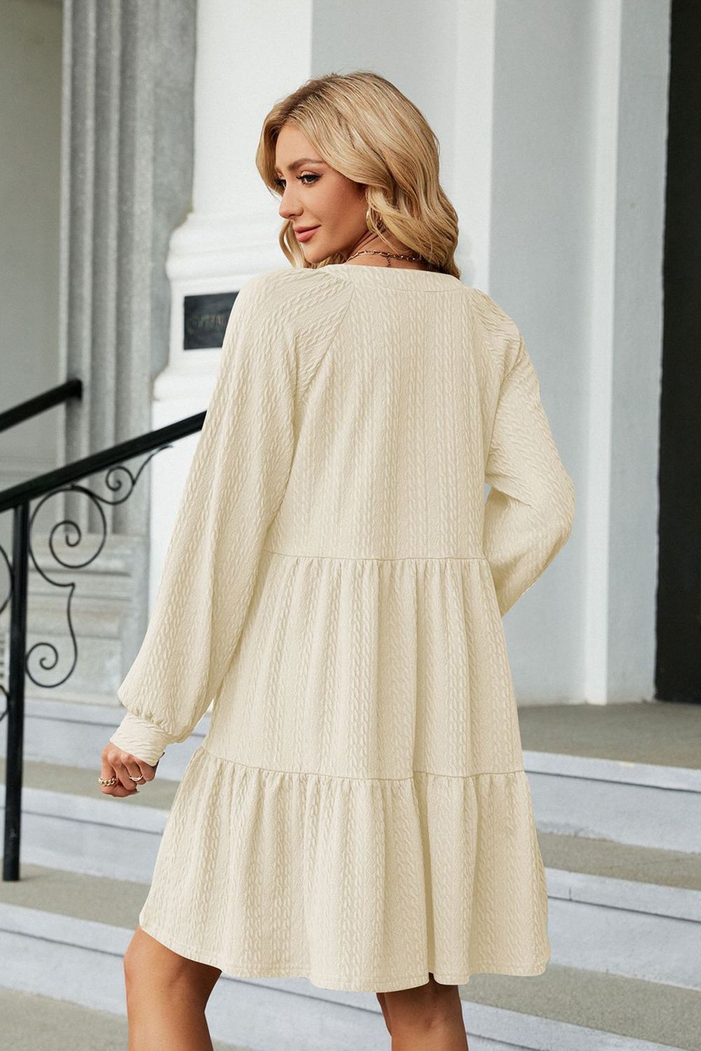 Notched Neck Long Sleeve Mini Dress - ViarousViarousViarous