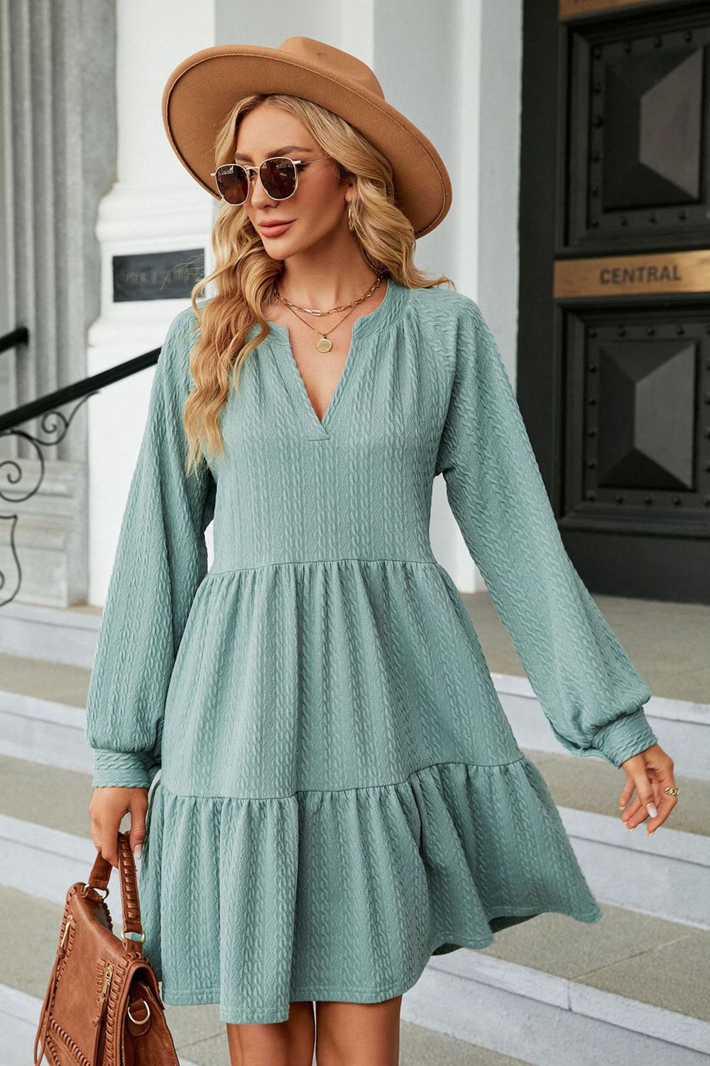 Notched Neck Long Sleeve Mini Dress - ViarousViarousViarous