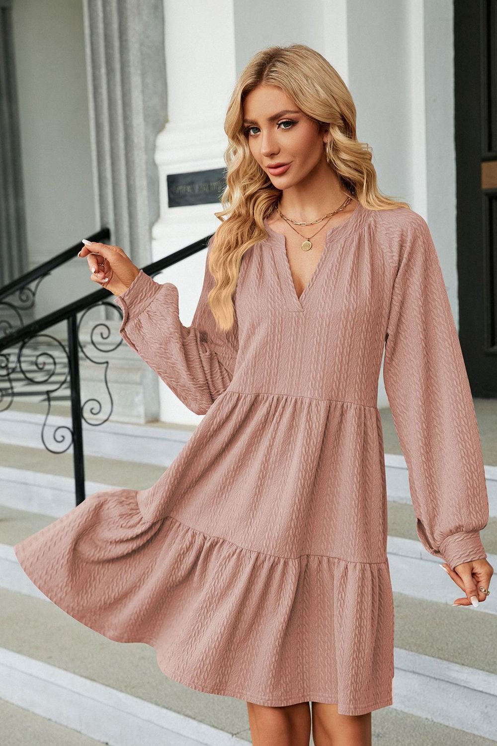 Notched Neck Long Sleeve Mini Dress - ViarousViarousViarous
