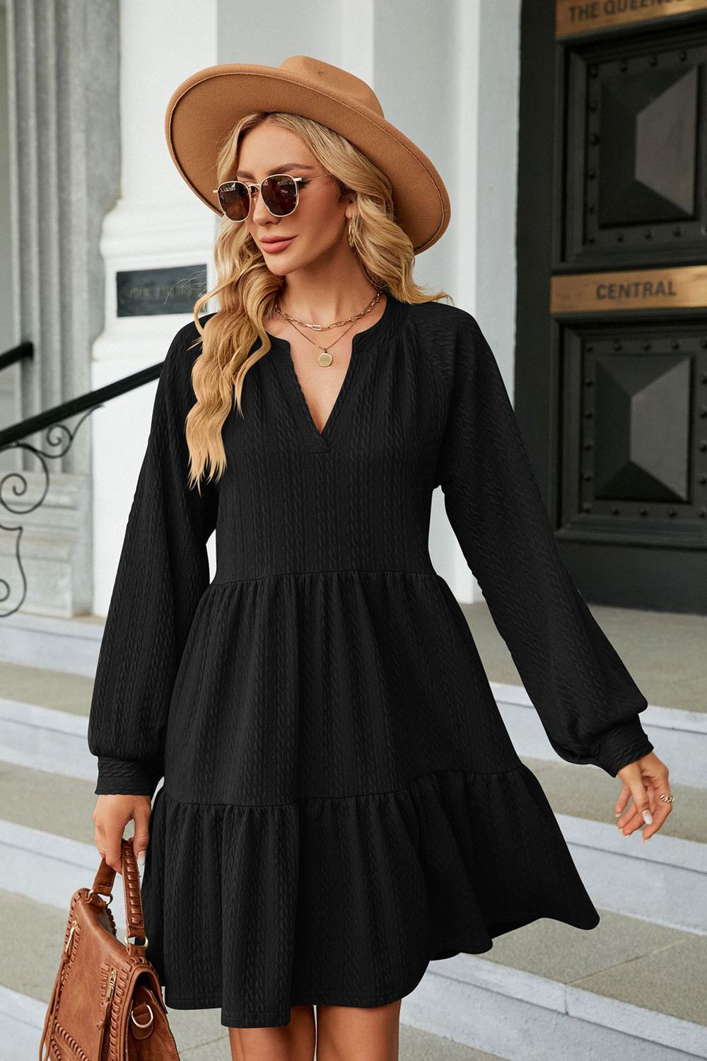 Notched Neck Long Sleeve Mini Dress - ViarousViarousViarous