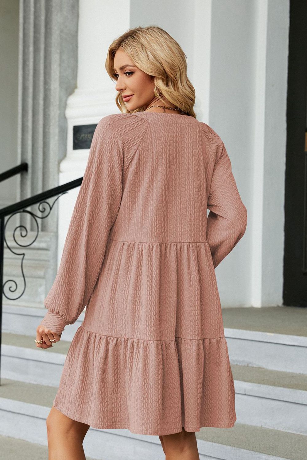 Notched Neck Long Sleeve Mini Dress - ViarousViarousViarous
