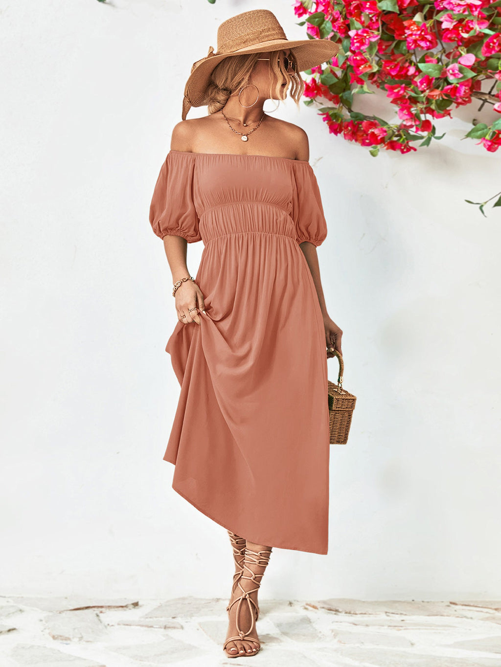 Off - Shoulder Balloon Sleeve Midi Dress - ViarousViarousViarous