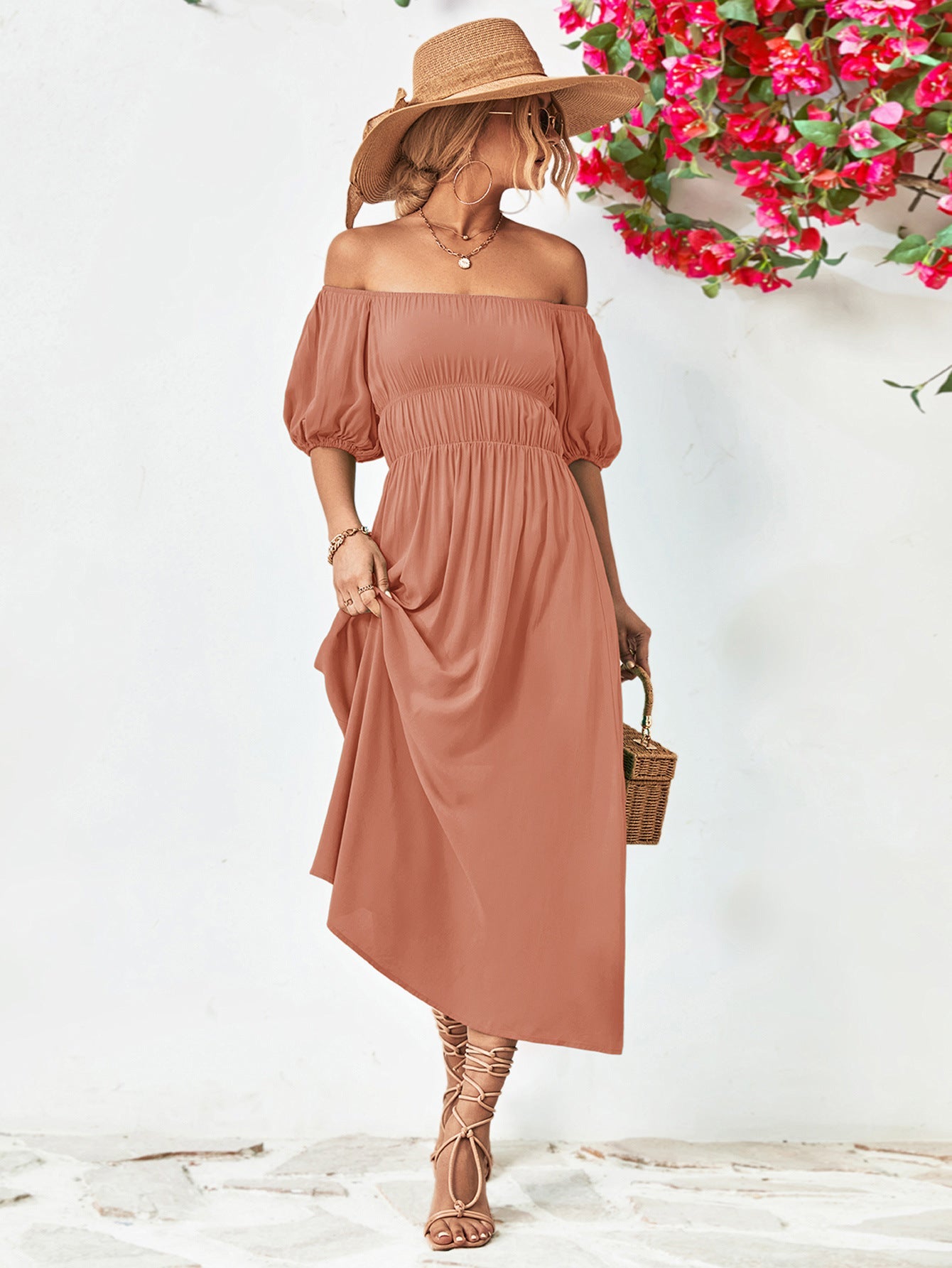 Off - Shoulder Balloon Sleeve Midi Dress - ViarousViarousViarous