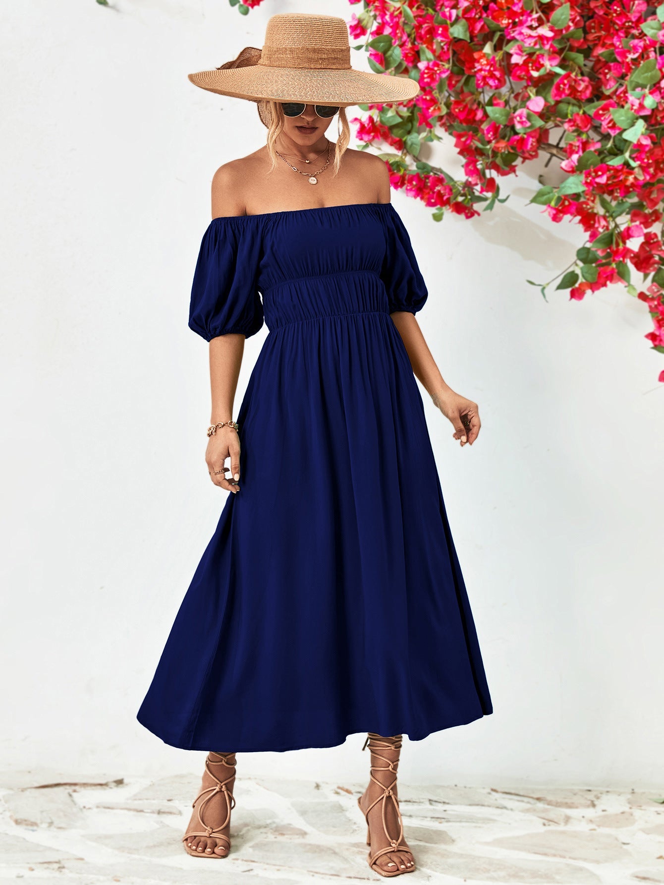 Off - Shoulder Balloon Sleeve Midi Dress - ViarousViarousViarous