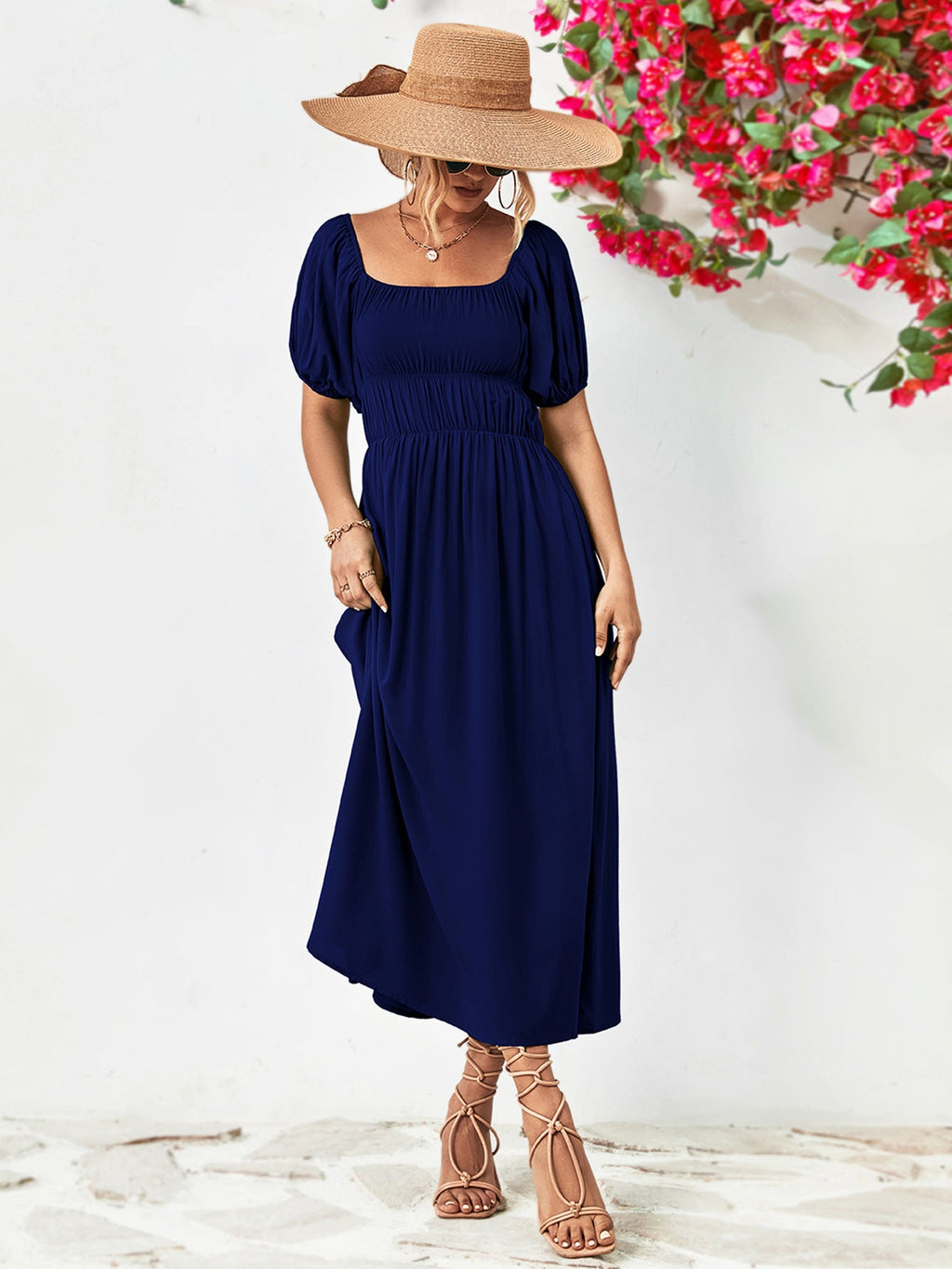Off - Shoulder Balloon Sleeve Midi Dress - ViarousViarousViarous