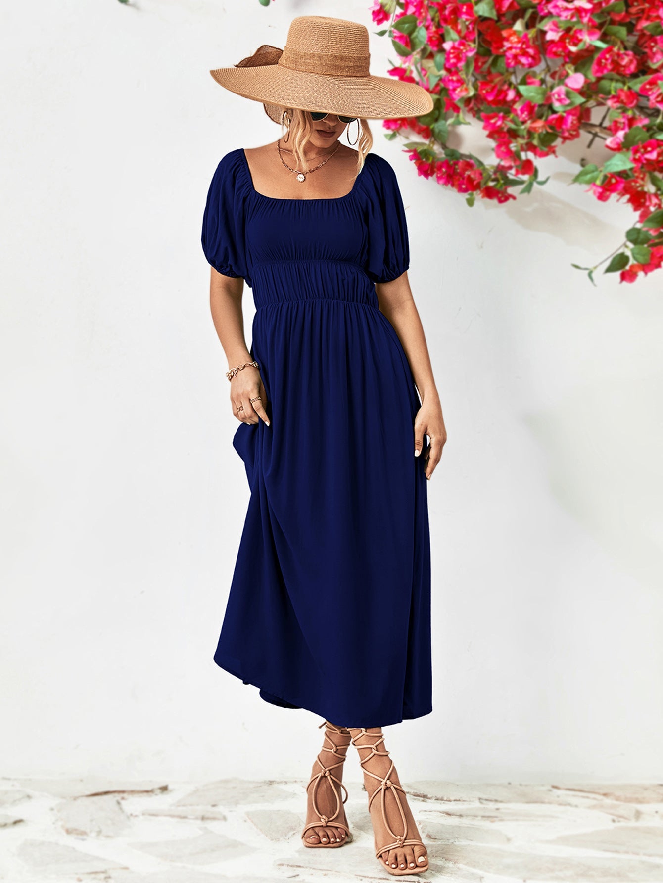 Off - Shoulder Balloon Sleeve Midi Dress - ViarousViarousViarous
