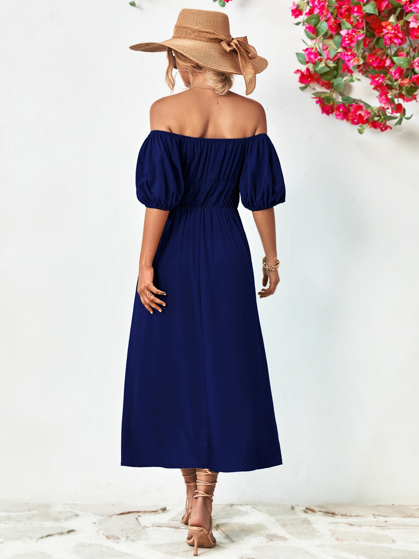 Off - Shoulder Balloon Sleeve Midi Dress - ViarousViarousViarous