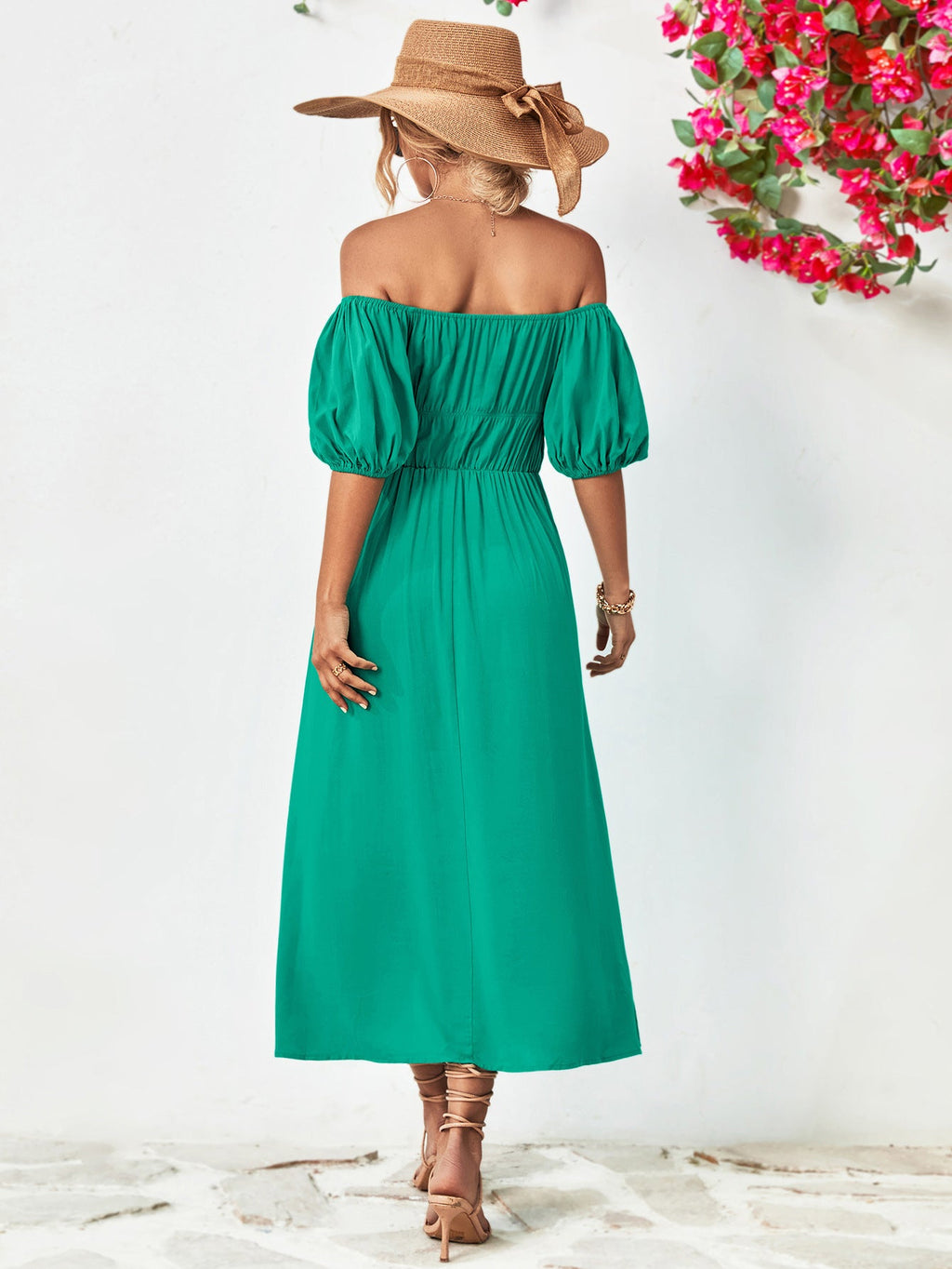 Off - Shoulder Balloon Sleeve Midi Dress - ViarousViarousViarous