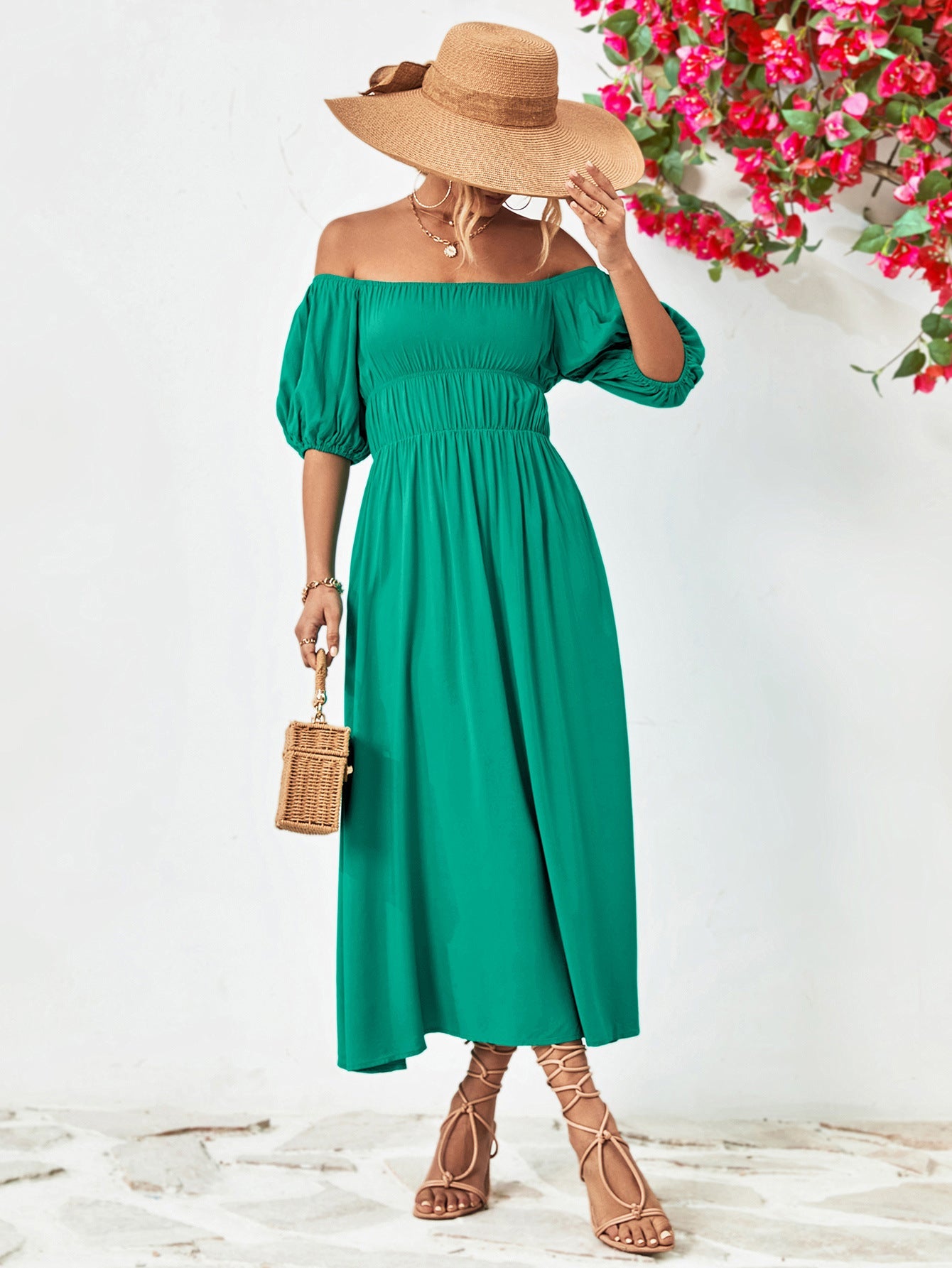 Off - Shoulder Balloon Sleeve Midi Dress - ViarousViarousViarous