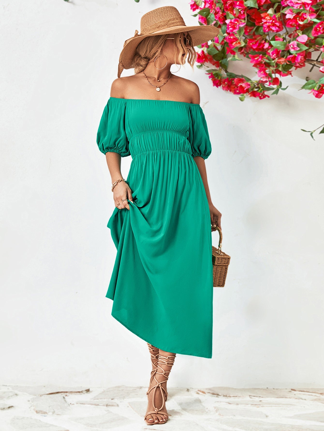 Off - Shoulder Balloon Sleeve Midi Dress - ViarousViarousViarous