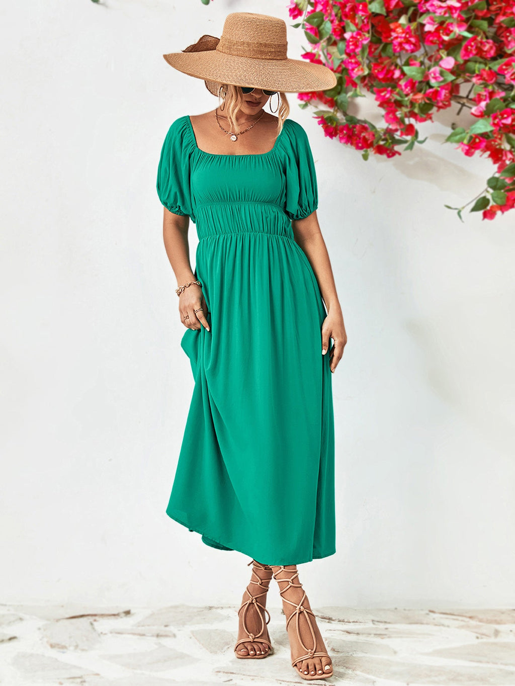 Off - Shoulder Balloon Sleeve Midi Dress - ViarousViarousViarous