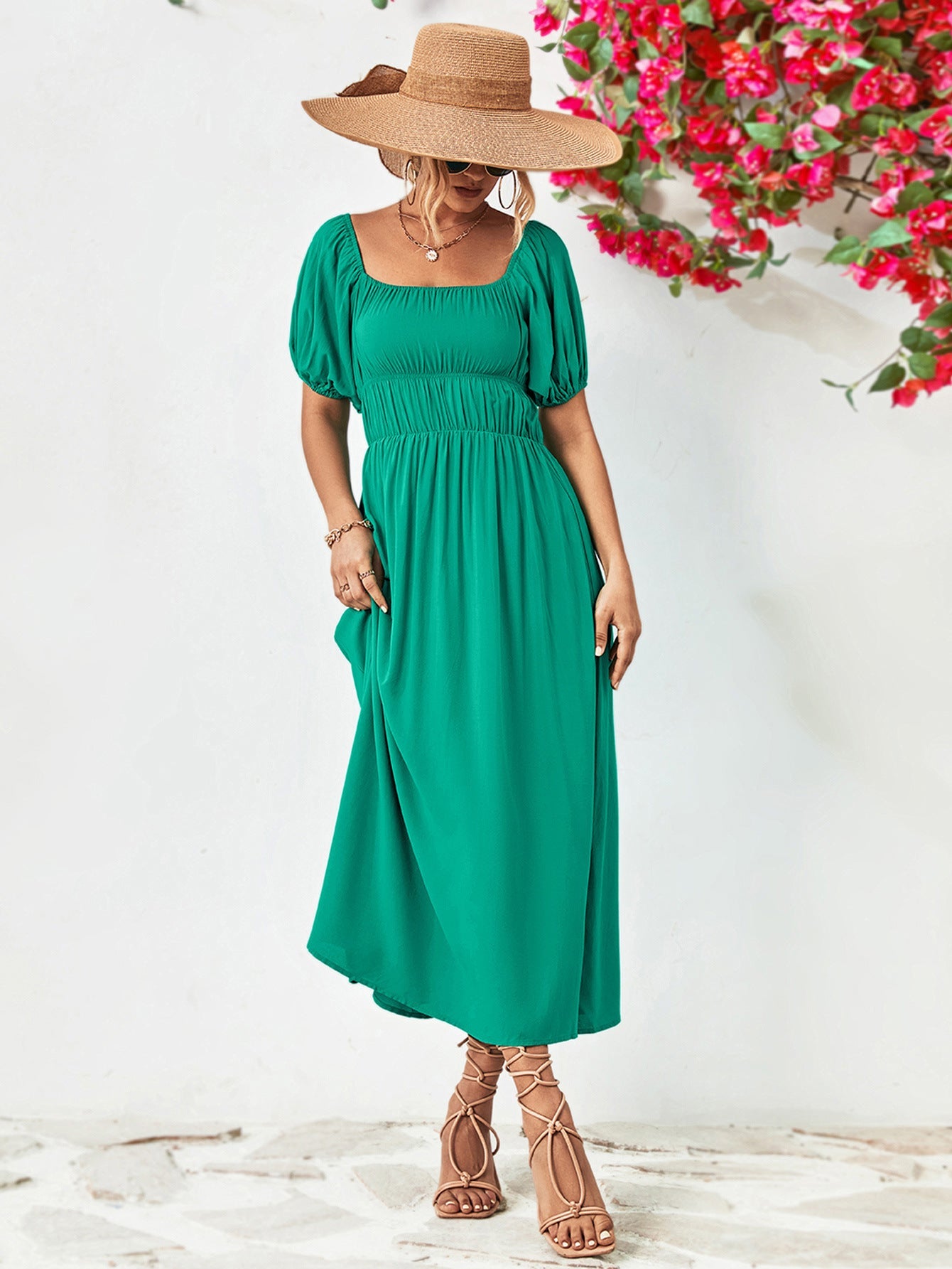 Off - Shoulder Balloon Sleeve Midi Dress - ViarousViarousViarous