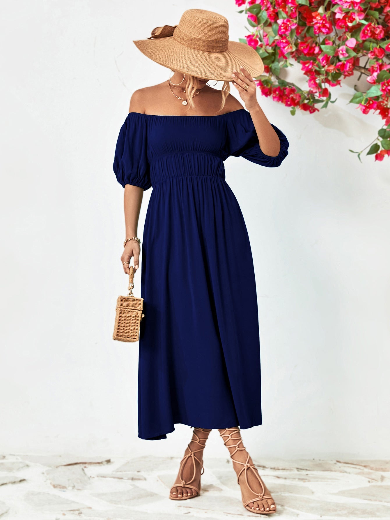 Off - Shoulder Balloon Sleeve Midi Dress - ViarousViarousViarous