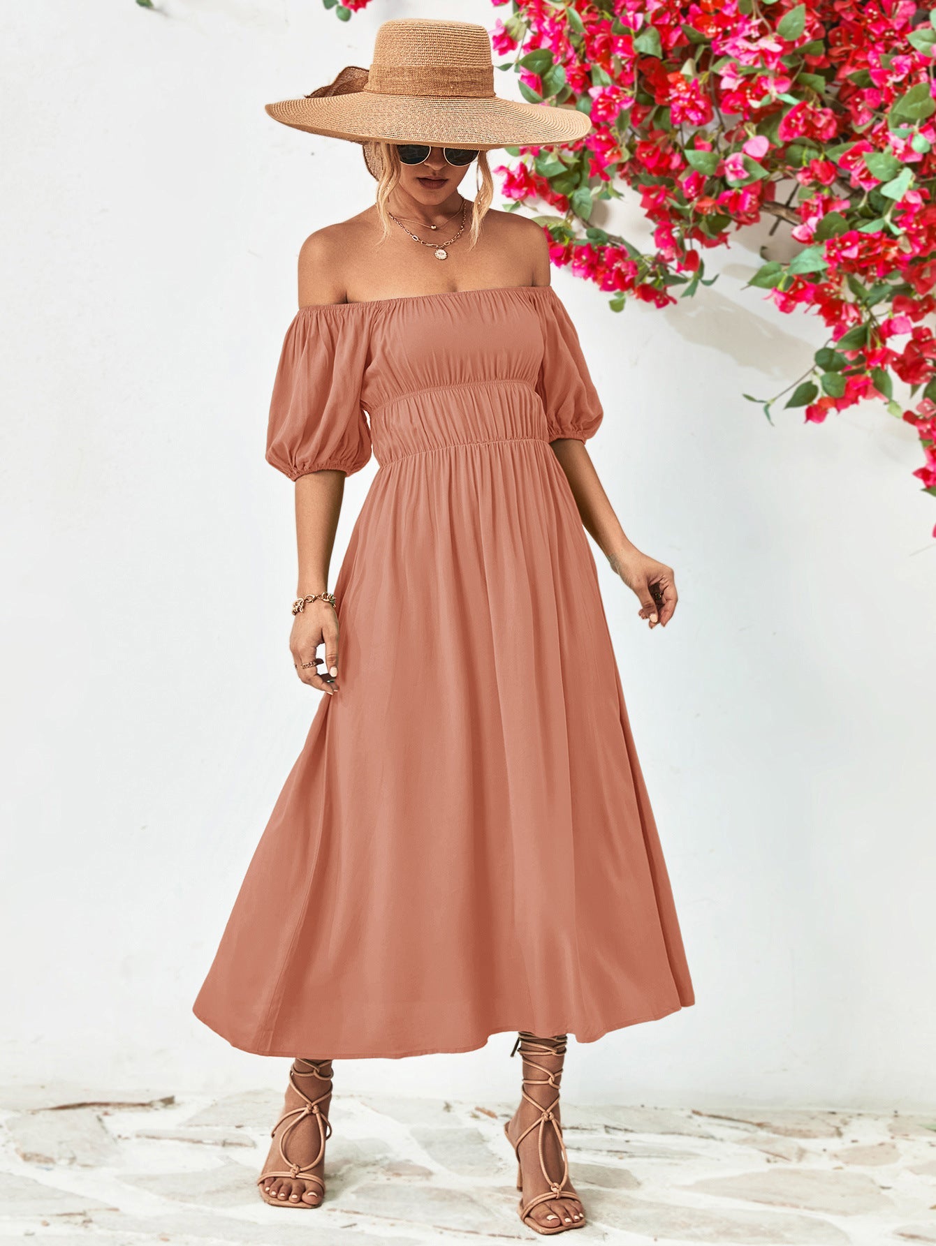Off - Shoulder Balloon Sleeve Midi Dress - ViarousViarousViarous