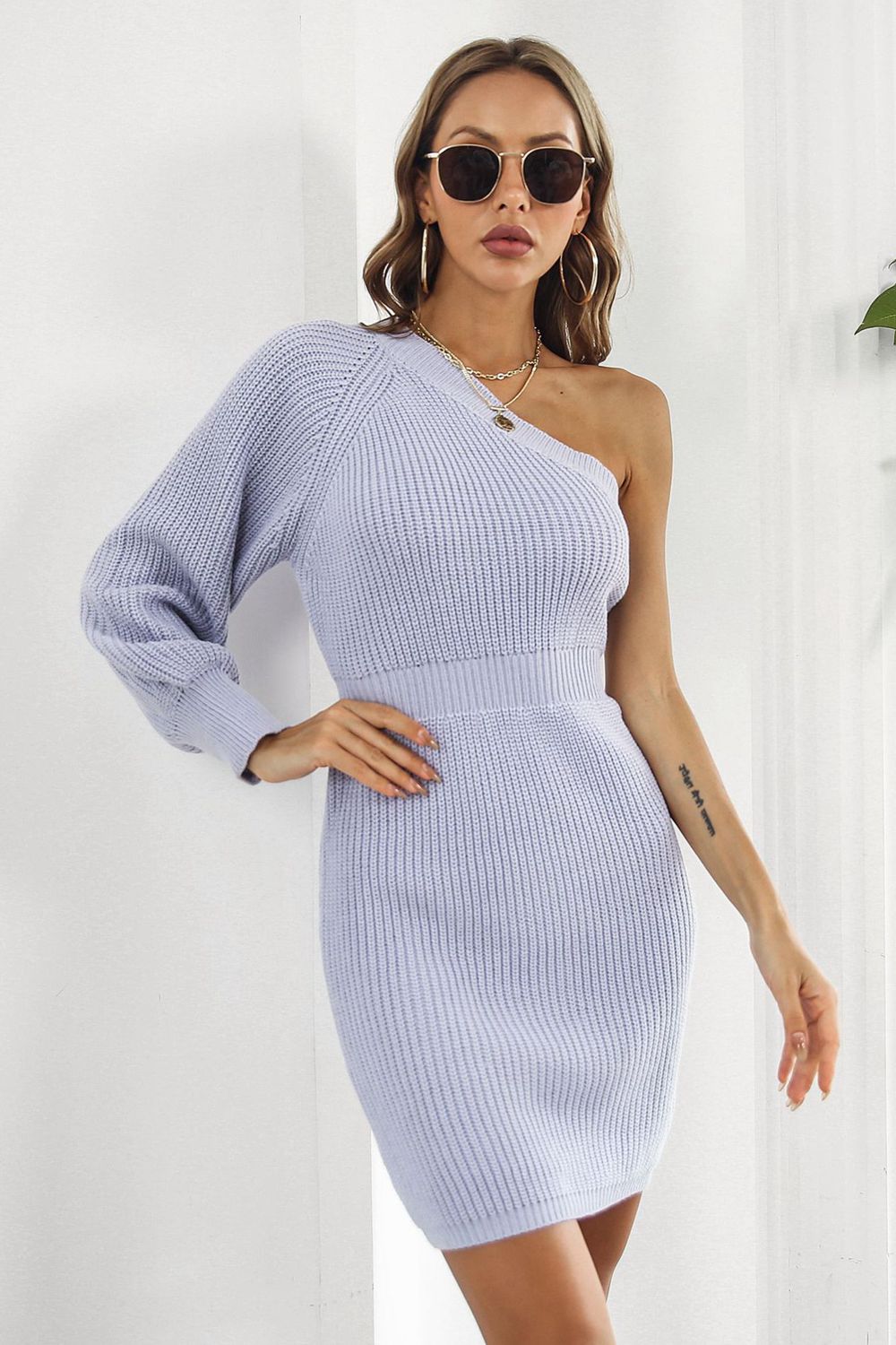One Shoulder Raglan Sleeve Pencil Sweater Dress - ViarousViarousViarous