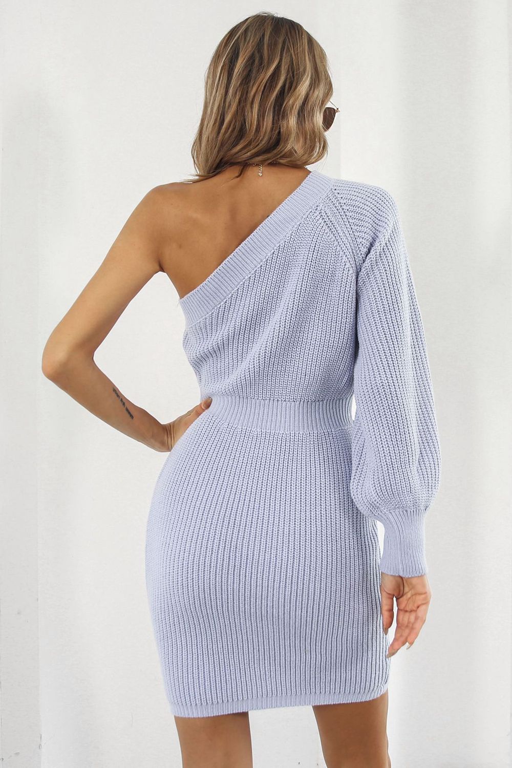 One Shoulder Raglan Sleeve Pencil Sweater Dress - ViarousViarousViarous