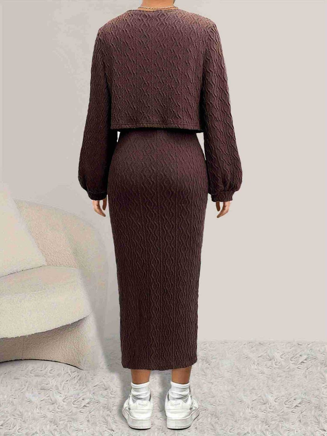 Open Front Long Sleeve Cardigan and Side Slit Cami Dress Set - ViarousViarousViarous