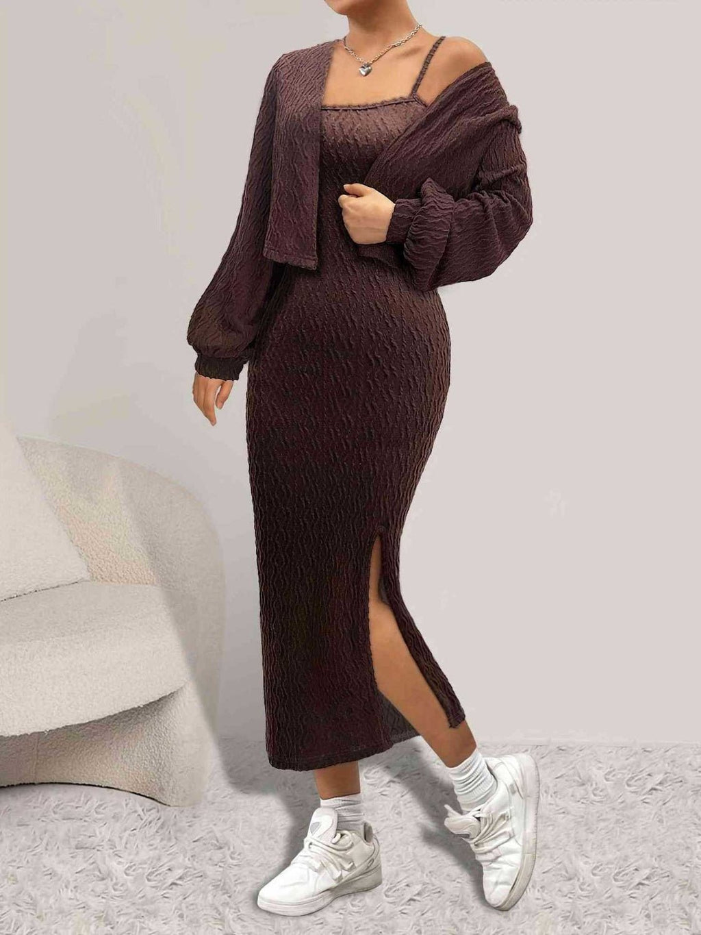 Open Front Long Sleeve Cardigan and Side Slit Cami Dress Set - ViarousViarousViarous