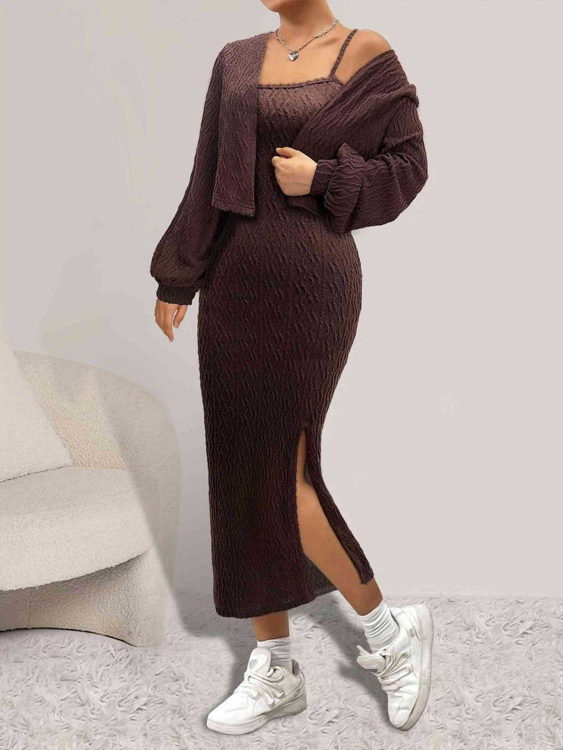 Open Front Long Sleeve Cardigan and Side Slit Cami Dress Set - ViarousViarousViarous
