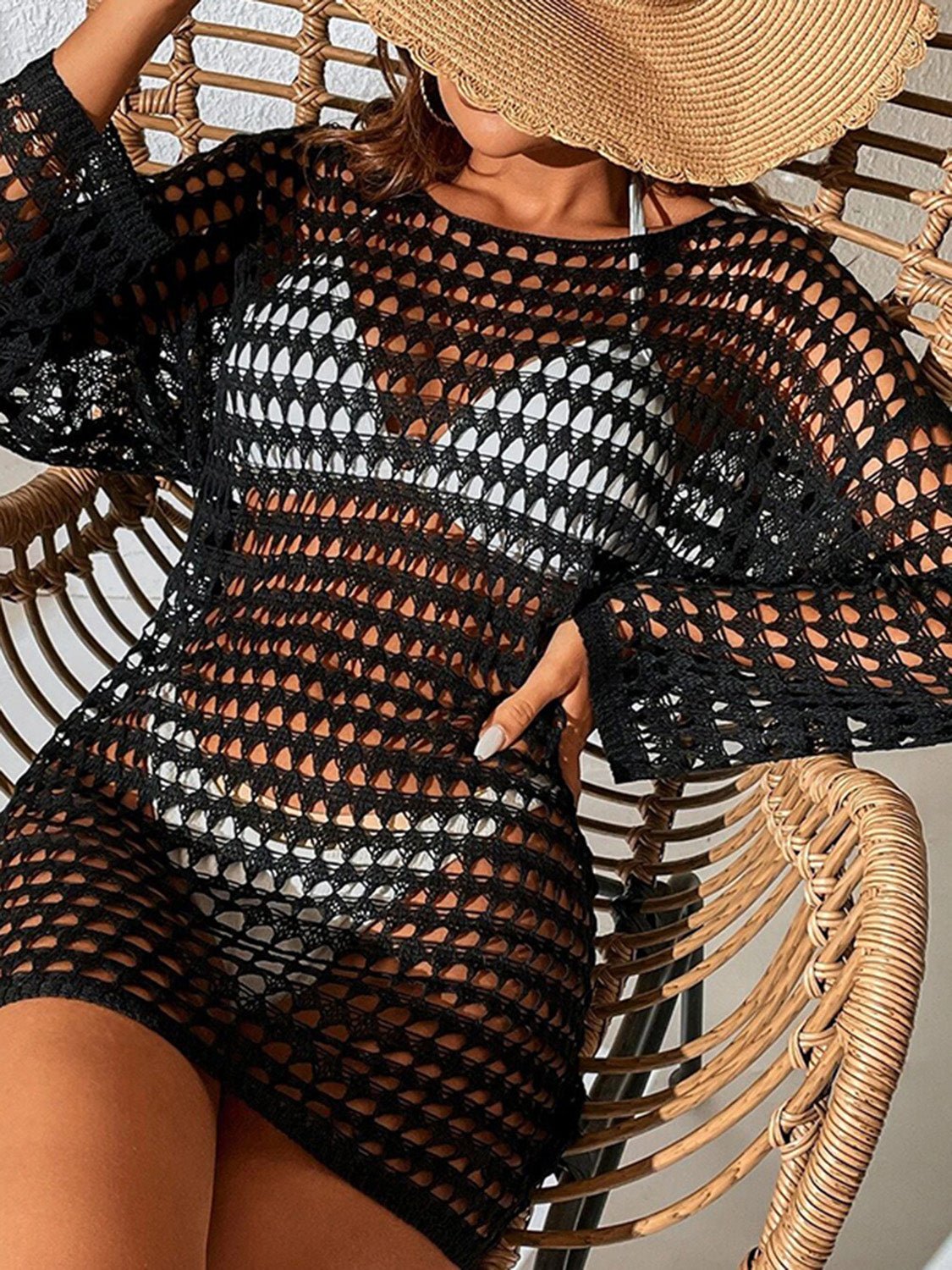 Openwork Boat Neck Long Sleeve Cover - Up - ViarousViarousViarous