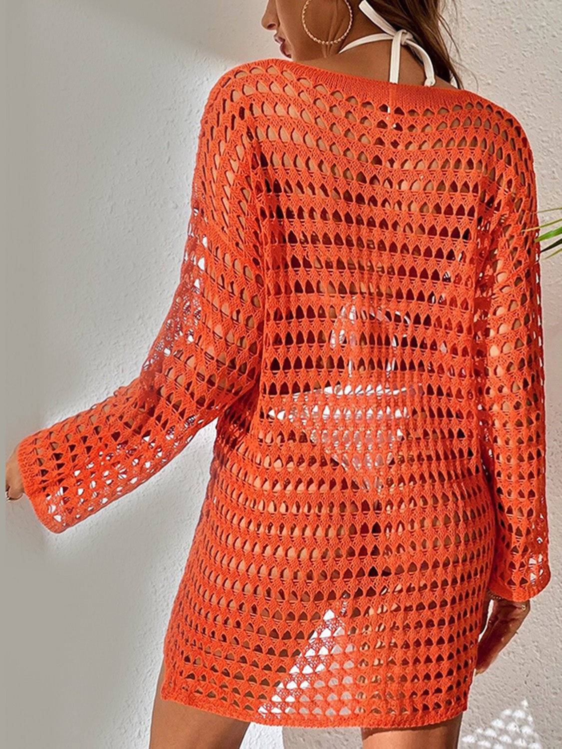 Openwork Boat Neck Long Sleeve Cover - Up - ViarousViarousViarous