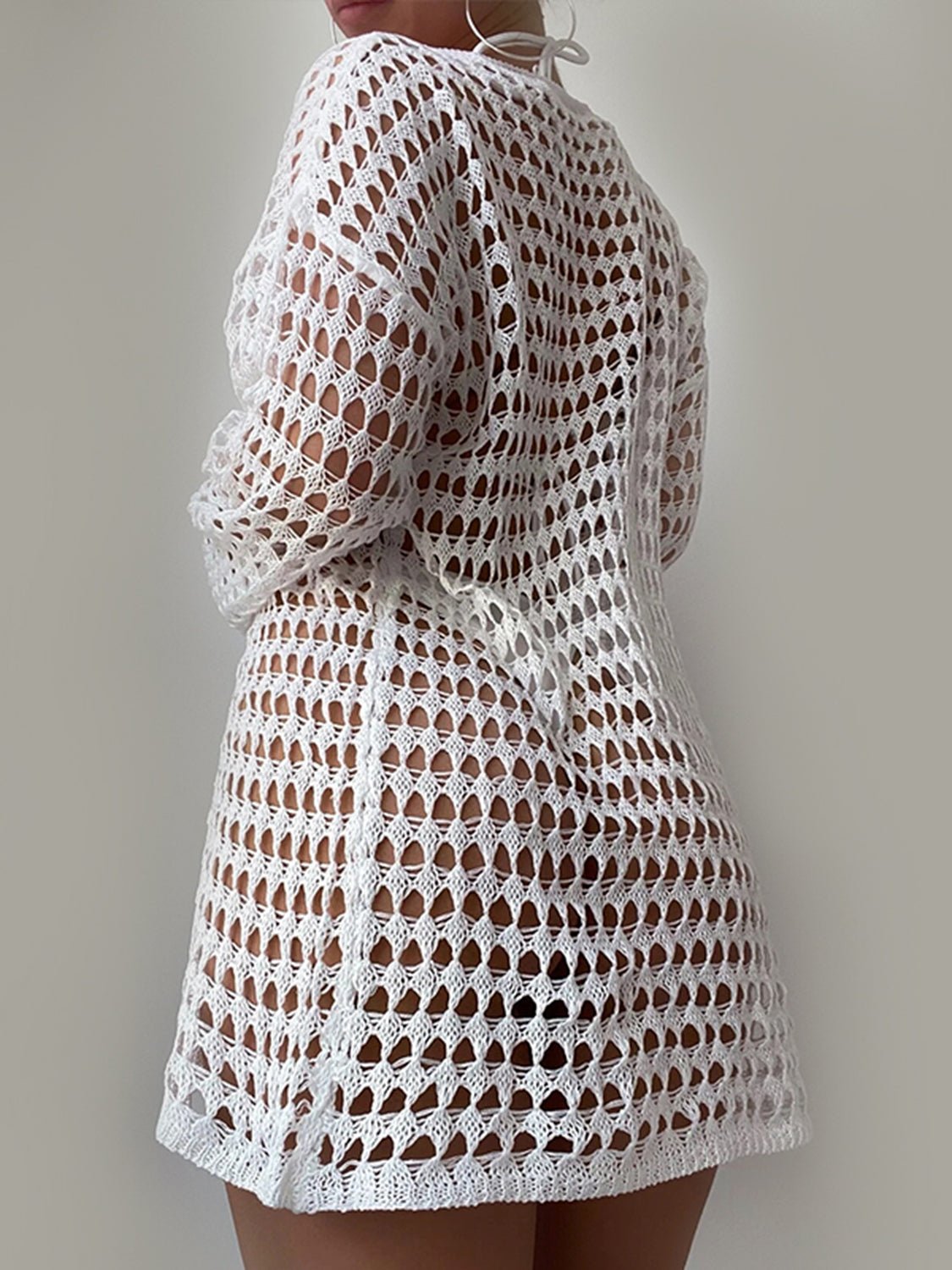 Openwork Boat Neck Long Sleeve Cover - Up - ViarousViarousViarous
